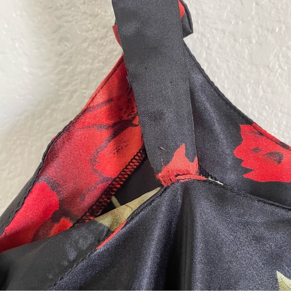 Vintage Satin Black & Red Stemmed Roses Floral Print Silky Slip Dress Just Love - Picture 8 of 9